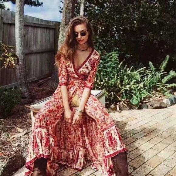 red boho floral print 3/4 sleeve wrap maxi dress - Picture 4 of 8